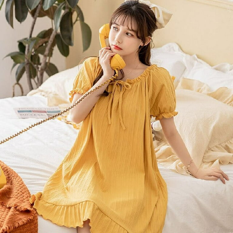 Women's Cotton Sleep Shirt, Long Sleeve Button-Down Nightshirt ，Flannel Night  Shirt,L, (yellow+pink) 