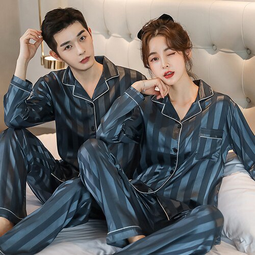 DanceeMangoo Pajama Suit Men Silk Pajamas Sets Couple Sleepwear Lover Night Men & Women Pajamas