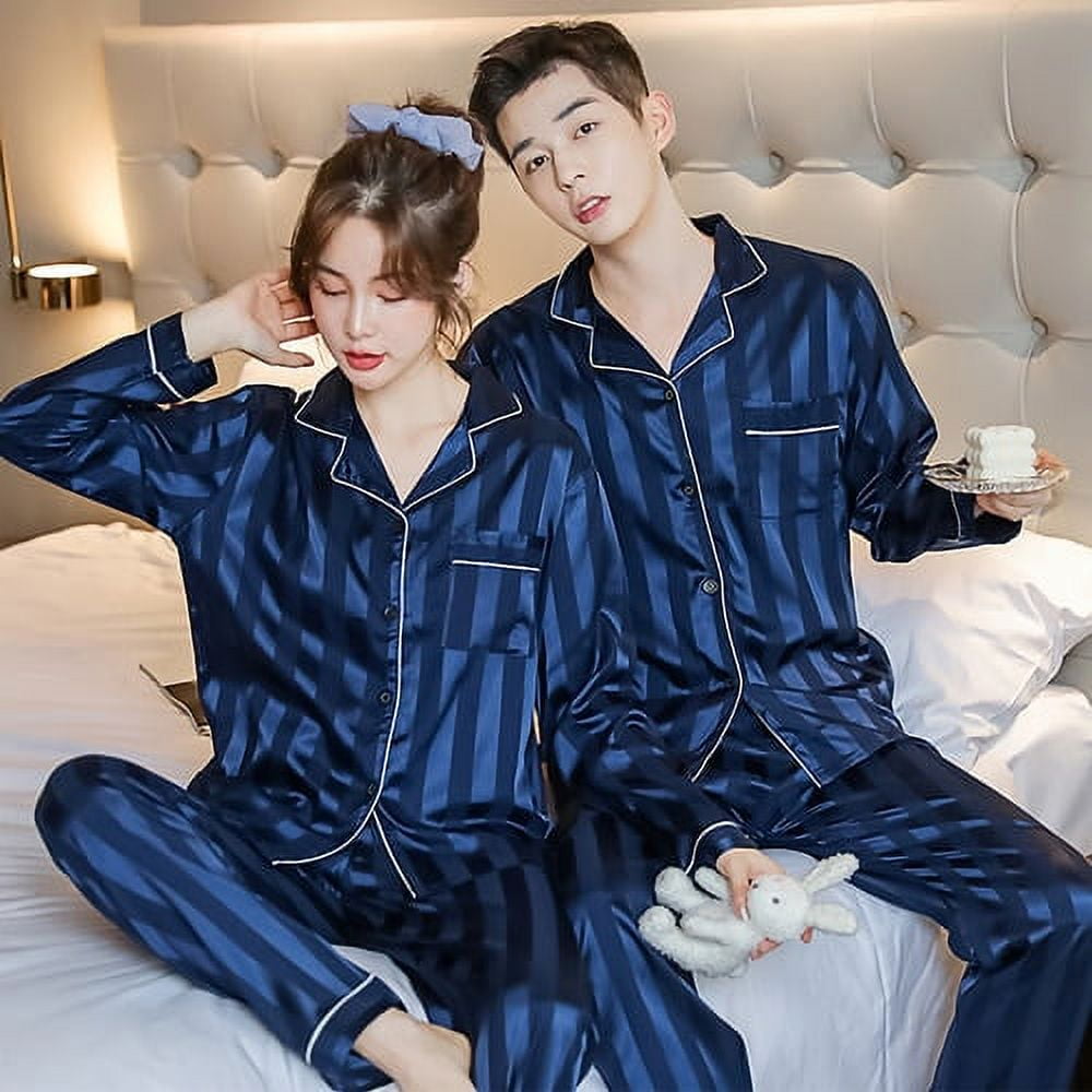 DanceeMangoo Pajama Suit Men Silk Pajamas Sets Couple Sleepwear