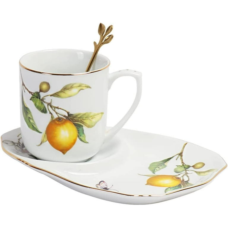 DanceeMangoo Simple Porcelain Cup & Saucer Set with Gold Spoon, 8 Oz  Vintage Style Ceramic Tea Cup Coffee Mug