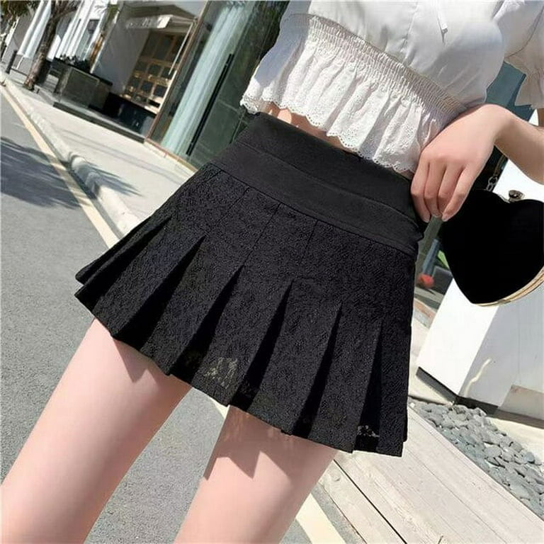 DanceeMangoo Sexy Lace Mini Skirts for Women Summer Elegant High Waist  Pleated Skirt Female Black White Gothic Club Short Skirt