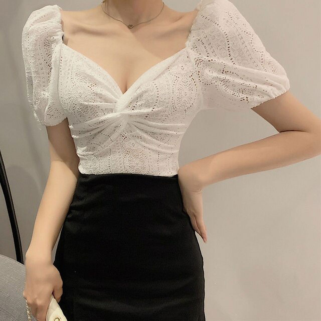 Danceemangoo Sexy Lace V Neck Blouse For Women Elegant Hollow Out Puff Short Sleeve Shirts Tops 