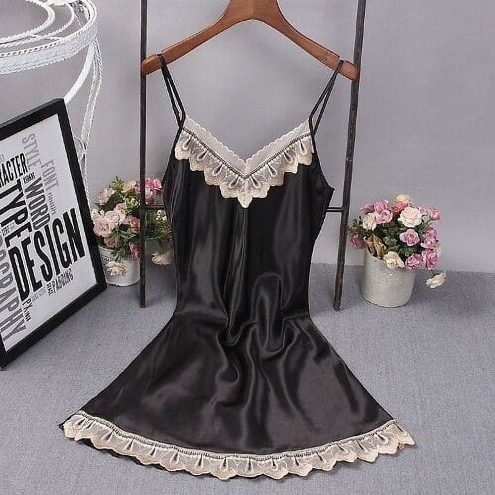 DanceeMangoo Women Sexy Black Satin Night Dress Sleeveless Nighties V-neck  Nightgown Thin Nightdress Lace Sleepwear Nightwear for Women 