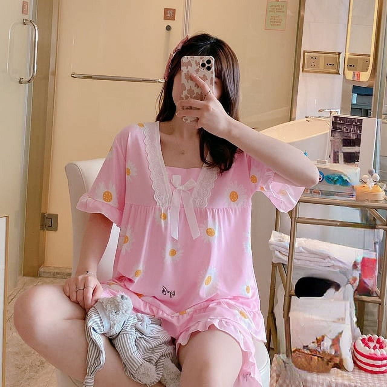 DanceeMangoo Short Sleeve Ladies Pajamas Comfortable Women Summer Pajama Sets Printed Cotton Lace Sleepwear Pyjamas Young Girl Style Clothes Walmart