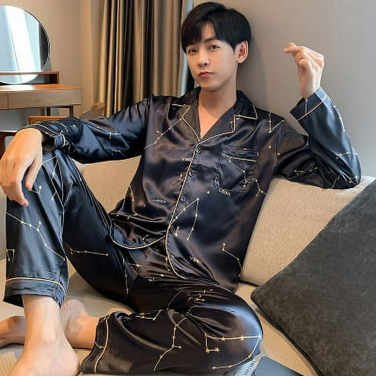 DanceeMangoo Silk Men Pyjamas Set OverSize 4XL 5XL Long Sleeve Casual Home Wear Spring Autumn Silk Boy Pajama Sets Leisure Sleepwear Set Walmart