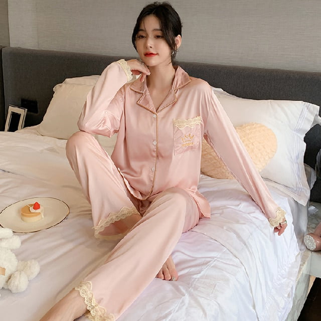 DanceeMangoo Silk Pajama Long Sleeve Pijama Mujer Femme Solid Color Lace  Loose Nightwear Suit Female Casual Homewear Pajama Set for Women 