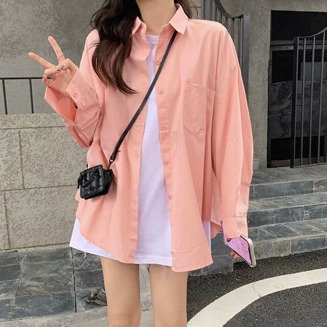 Danceemangoo Sping Autumn Long Sleeve Women Shirt Top Korean Style Lapel Pink Yellow Blouse Woman Pocket Loose Casual Shirts, Adult Unisex, Size: XL