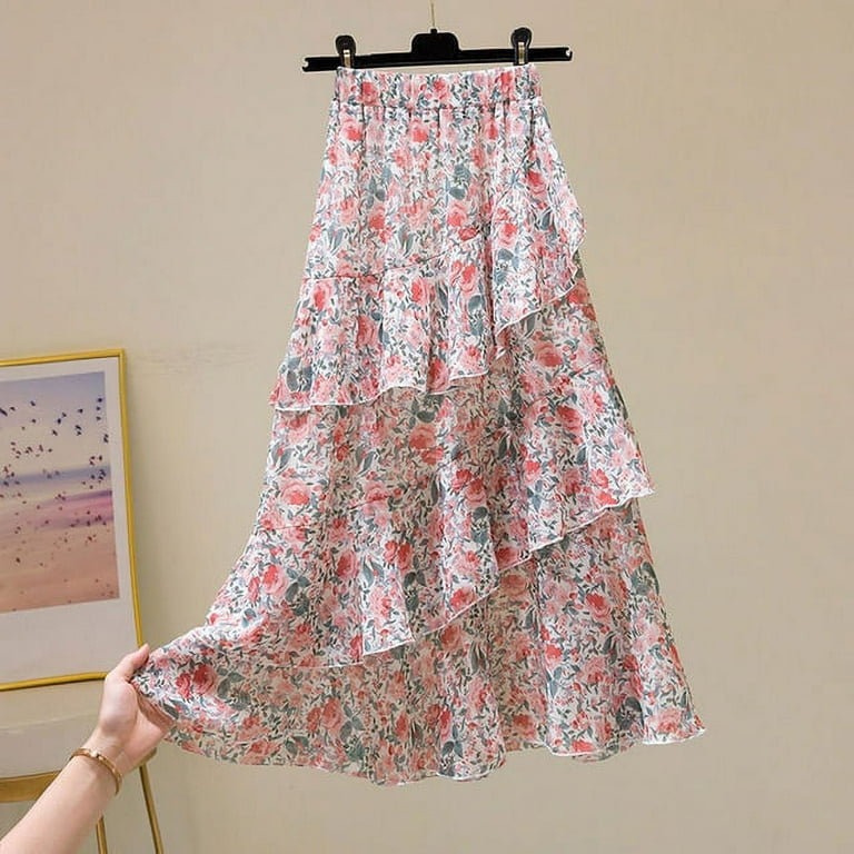 DanceeMangoo Summer Floral Long Skirt Women Asymmetrical Ruffled A