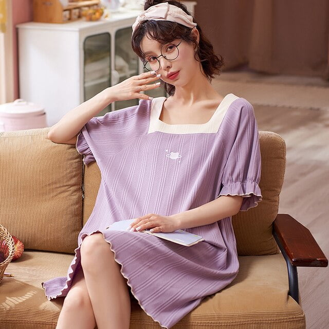 DanceeMangoo Summer Short Sleeve Cotton Nightgowns for Women Korean Fashion  Short Loose NightDress Sleepwear Nightdress Homewear Dress