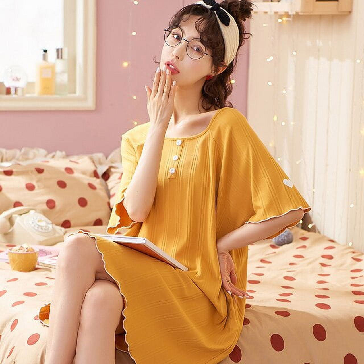 DanceeMangoo Summer Short Sleeve Cotton Nightgowns for Women Korean Fashion  Short Loose NightDress Sleepwear Nightdress Homewear Dress