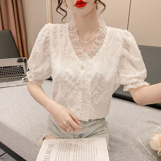 DanceeMangoo Summer White Chiffon Blouse Women Korean Lace Ruffles V-neck  Shirt Tops Woman Elegant Chic Puff Short Sleeve Shirt
