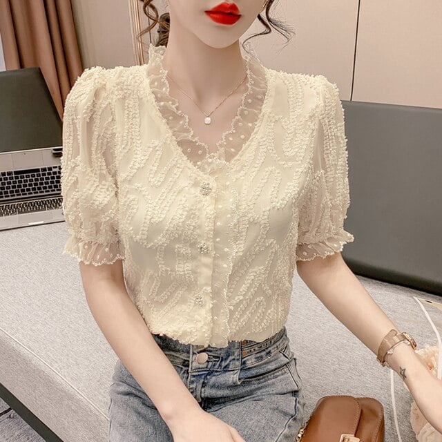 DanceeMangoo Summer White Chiffon Blouse Women Korean Lace Ruffles V-neck  Shirt Tops Woman Elegant Chic Puff Short Sleeve Shirt 