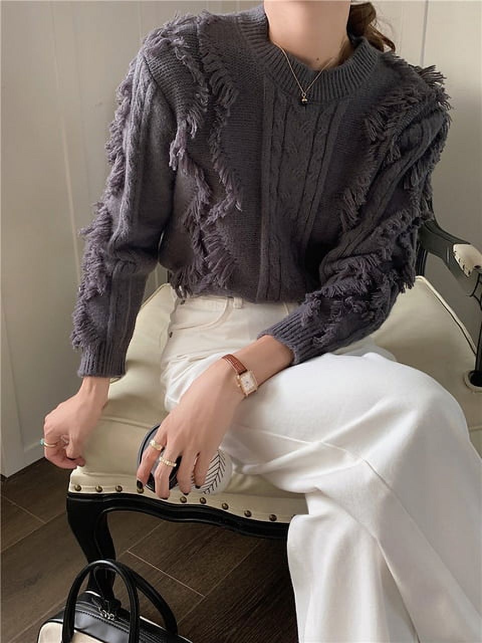 Tassel patched loose knit sweater discount