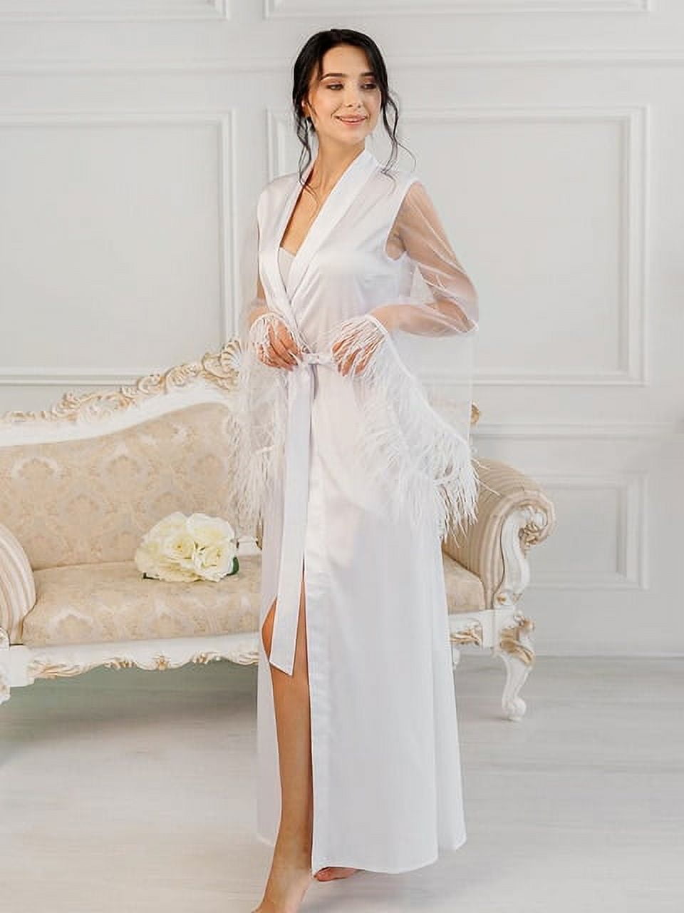 British Made Long Satin Wrap Dressing Gown With Lace Trim — Sandras-Online
