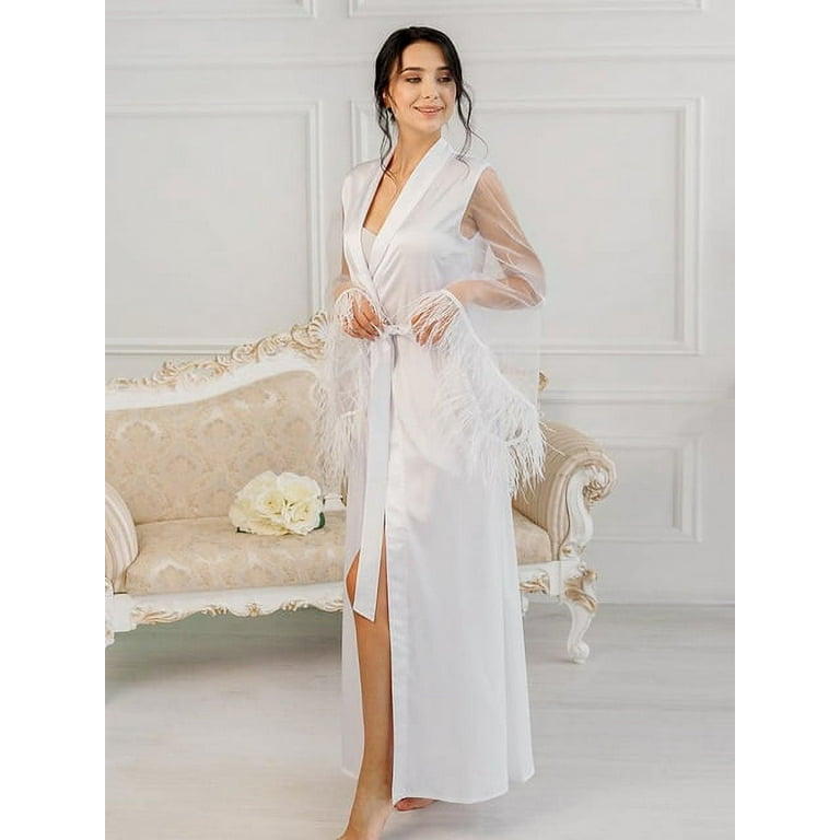 DanceeMangoo Transparent Satin Robe With Fur Long Robes Women Sexy  Bathrobes White Wedding Dressing Gown See Through Bride Dresses 2022