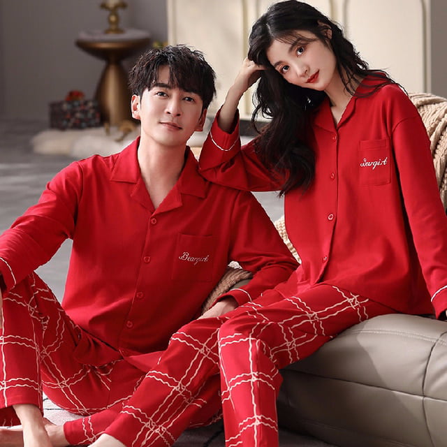 DanceeMangoo Unisex Cotton Sleepwear Set Women Men Autumn Winter Loose  Couples Pajamas Set Lovers Wedding Festive Red Pijamas Home Clothes 