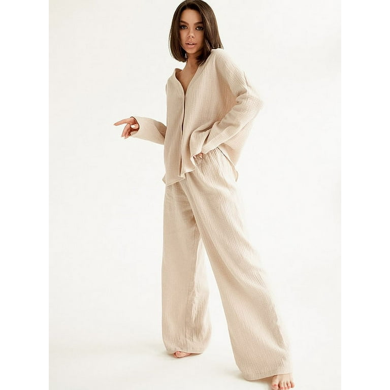 DanceeMangoo V-Neck Sleepwear Womens Spring 100% Cotton Female Set Solid Single  Breasted Home Suit Wide Leg Pants Womens Nightwear 