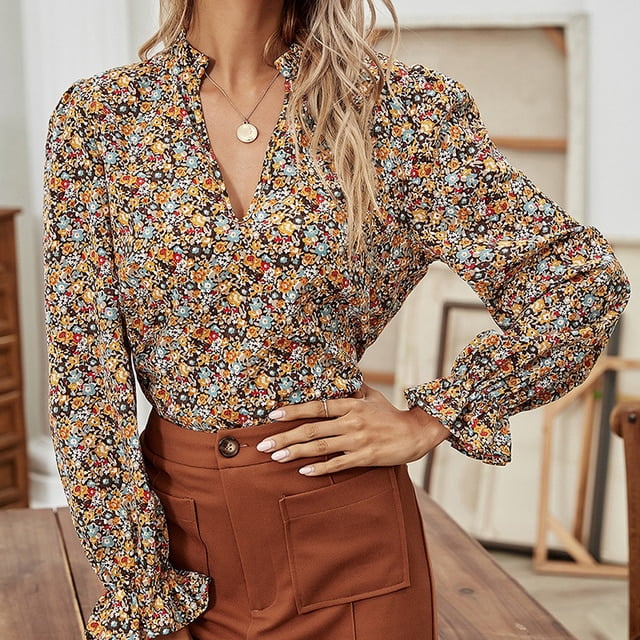 Autumn spring polyester women square neck decorative button floral printed long sleeve blouses on sale