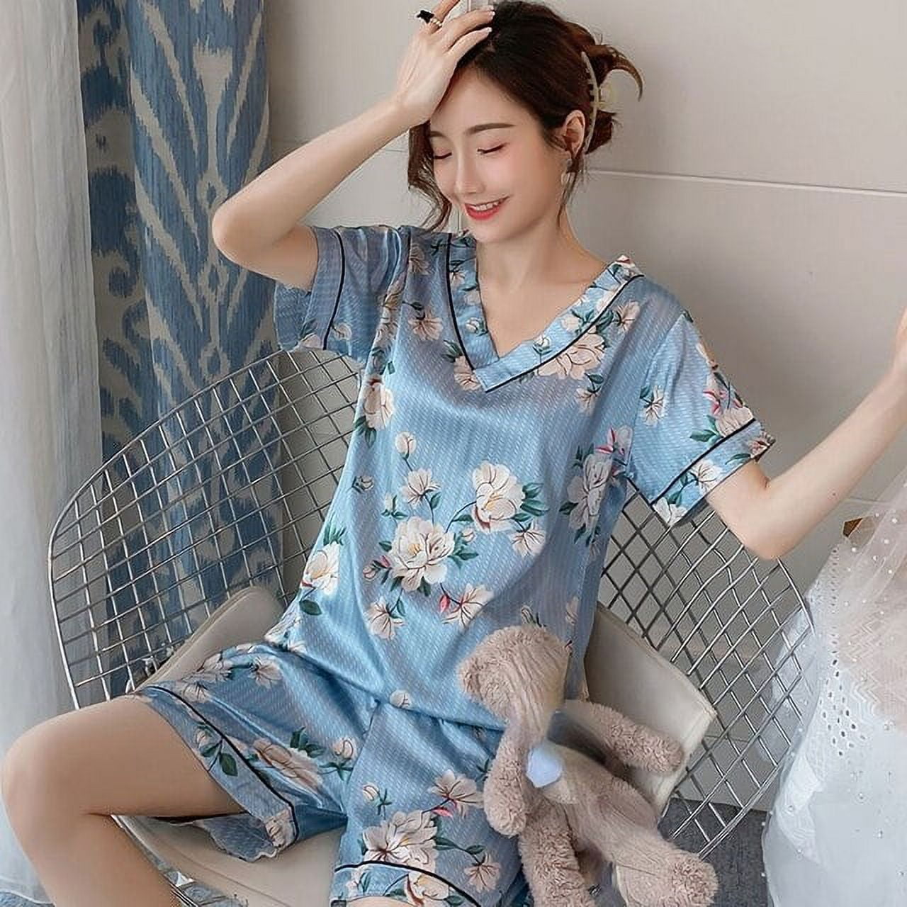 DanceeMangoo WAVMIT Short Sleeve Pajamas Silk Set 2 Pcs Women Set Sleepwear  Shirt Nightwear for Women Top Pant Home Wear Young Girl Pyjamas