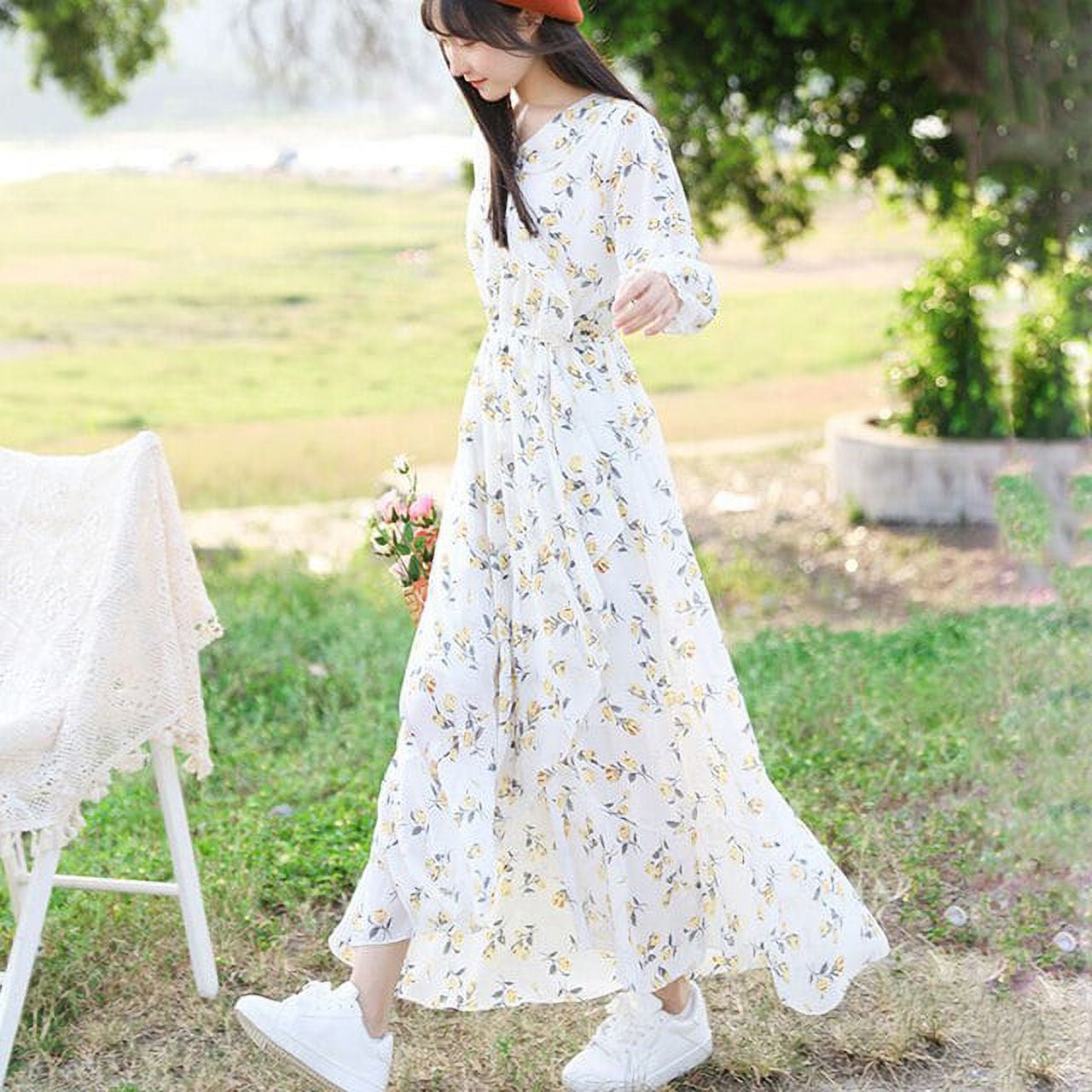 DanceeMangoo White Floral Printed Midi Dress Women Spring Long Sleeve High Waist Chiffon Dresses Female Elegant V neck Long Dress Walmart