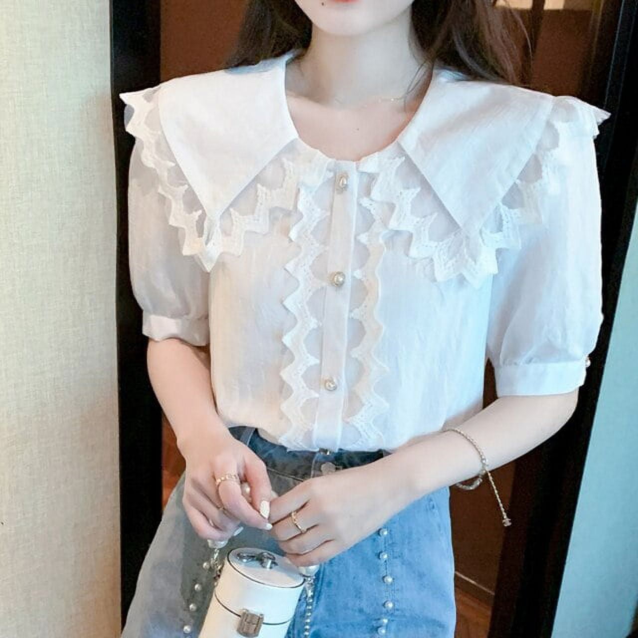 DanceeMangoo White Lace Peter Pan Collar Blouse Women Korean Fashion Office Short Sleeve Shirt Ladies Summer Single breasted Blusas Walmart