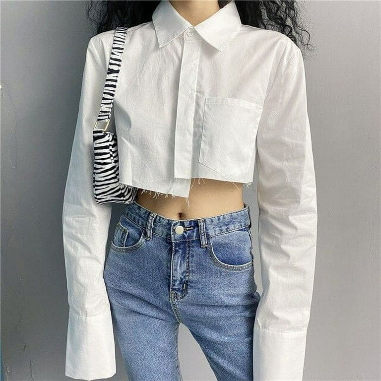 DanceeMangoo White Women Crop Tops Korean Style with Pocket Irregular  Blouses Woman Spring Summer All-Match Long Sleeve Shirts 
