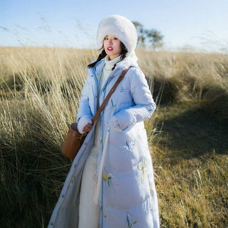 DanceeMangoo Winter Down Jacket Woman Vintage Embroidery Long Coat Women Thickened Hooded Puffer Jackets with Rabbit Collar Doudoune LM Walmart