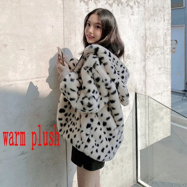 DanceeMangoo Winter Faux Fur Hooded Coat Women Korean Cute Leopard Print  Bear Ear Cap Warm Jacket Casual Loose Plush Overcoat Female
