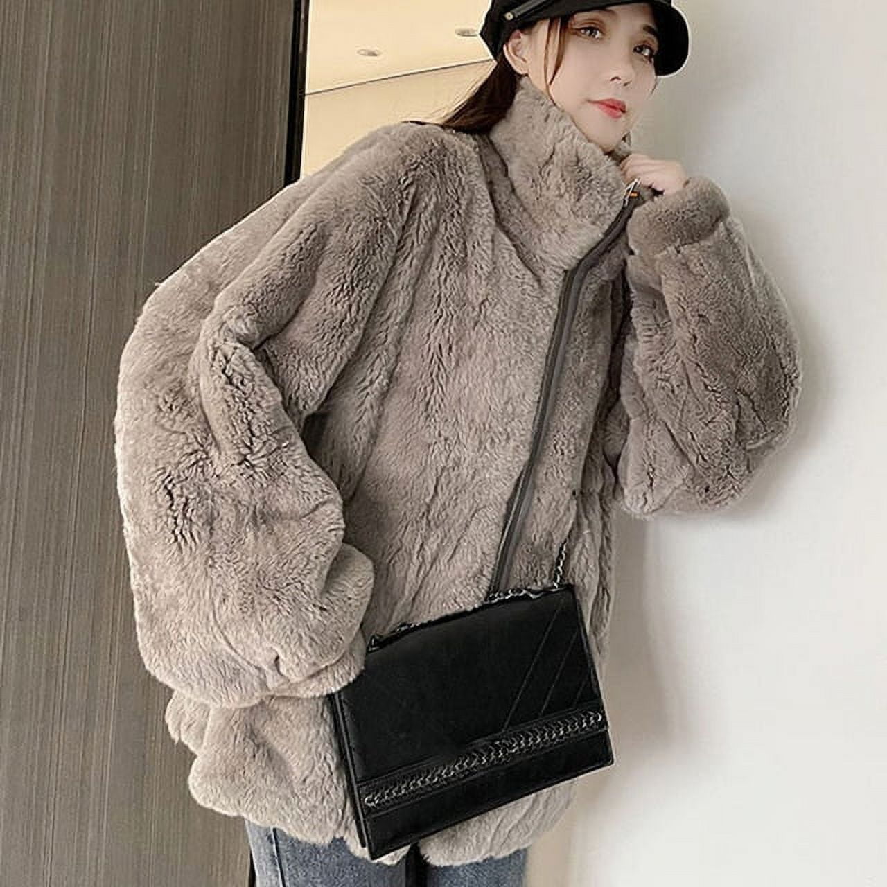 DanceeMangoo Black Gray Faux Rabbit Fur Coat Women Korean Casual Loose  Hoodies Jacket Female Winter Thick Warm Furry Overcoat 