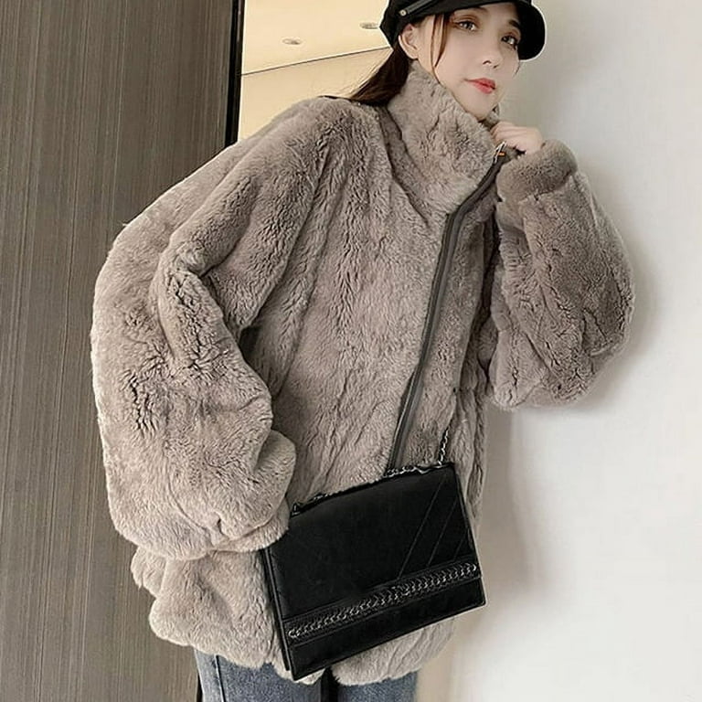 DanceeMangoo Winter Thick Faux Fur Coat Women Fashion Plush Stand