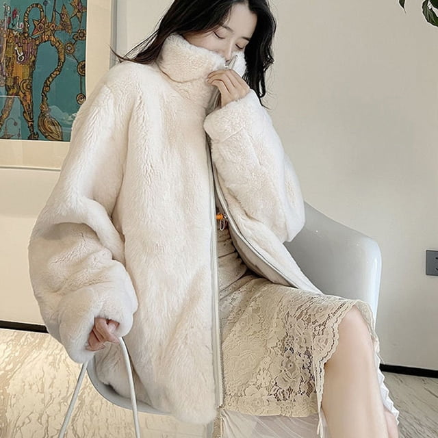 New Women Winter Gray Long Woolen Coat Removable Zipper Elegant Fur Collar  Coats Outerwear