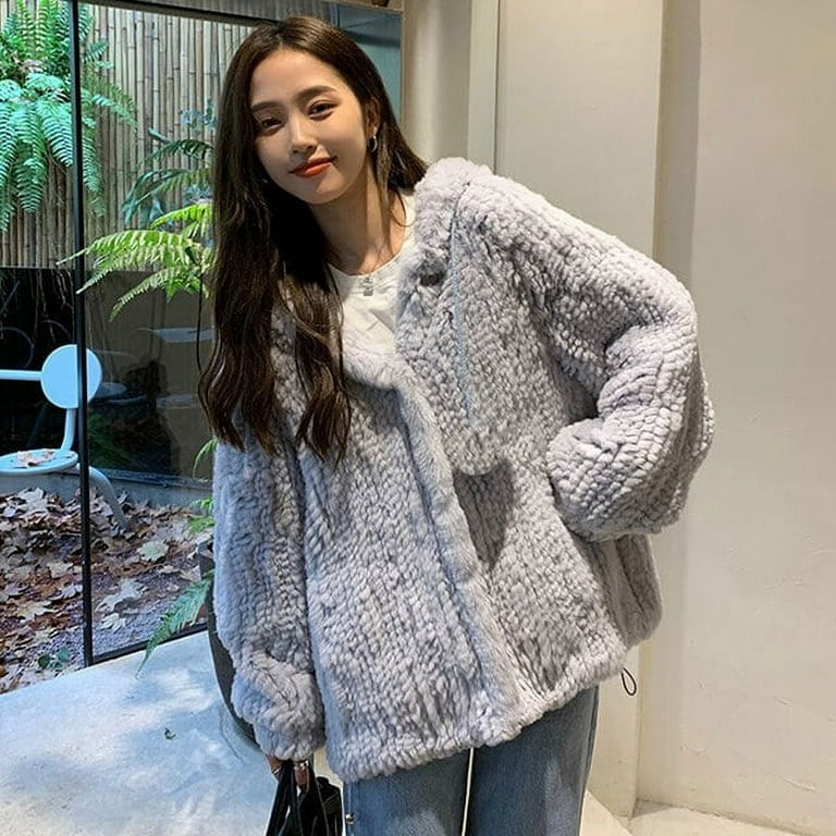 DanceeMangoo Black Gray Faux Rabbit Fur Coat Women Korean Casual Loose  Hoodies Jacket Female Winter Thick Warm Furry Overcoat 