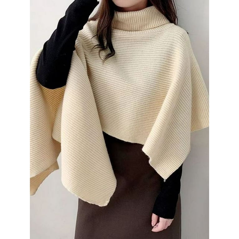 DanceeMangoo Winter Turtelneck Sweaters Women Thermal Knitted Cape Sweater Women Solid Irregular Casual Shawl Sweater