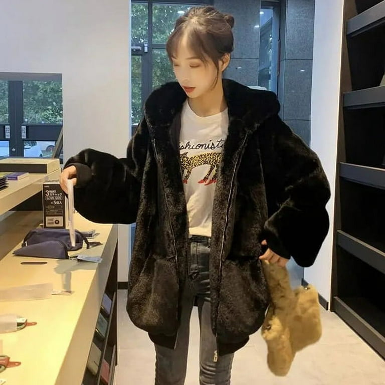 DanceeMangoo Winter Women Faux Rabbit Fur Hooded Coat Casual Solid