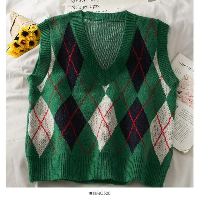 DanceeMangoo Women Autumn Rhombus Sweater Vest Women Vintage V