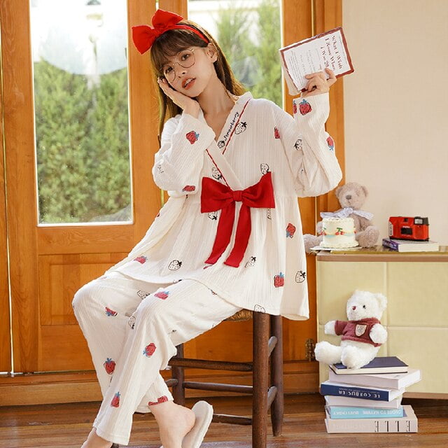 DanceeMangoo Women Cotton Cute Kimono Pajamas Set Long Sleeve Pant Soft  Home Clothes Printing Soft Sleepwear Loungewear Womens Set Pyjamas