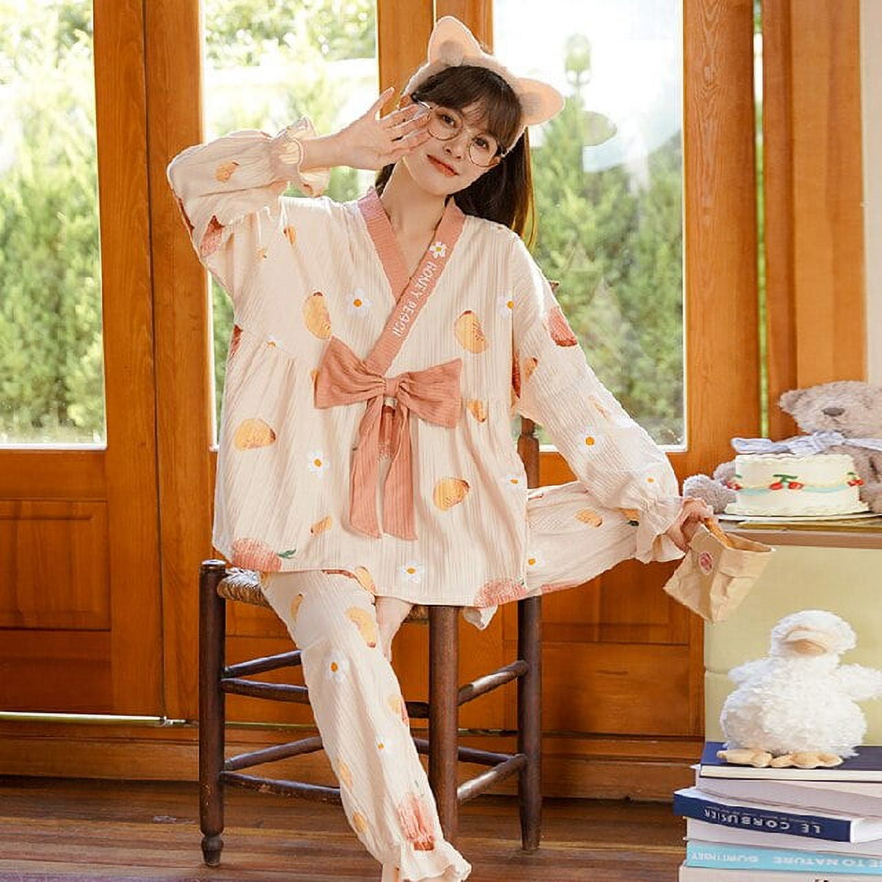 DanceeMangoo Womens Pajamas Set Autumn Winter Kimono Elastic Waist  Sleepwear Set Cotton Womens Long Sleeve Nightwear Print Top Long 
