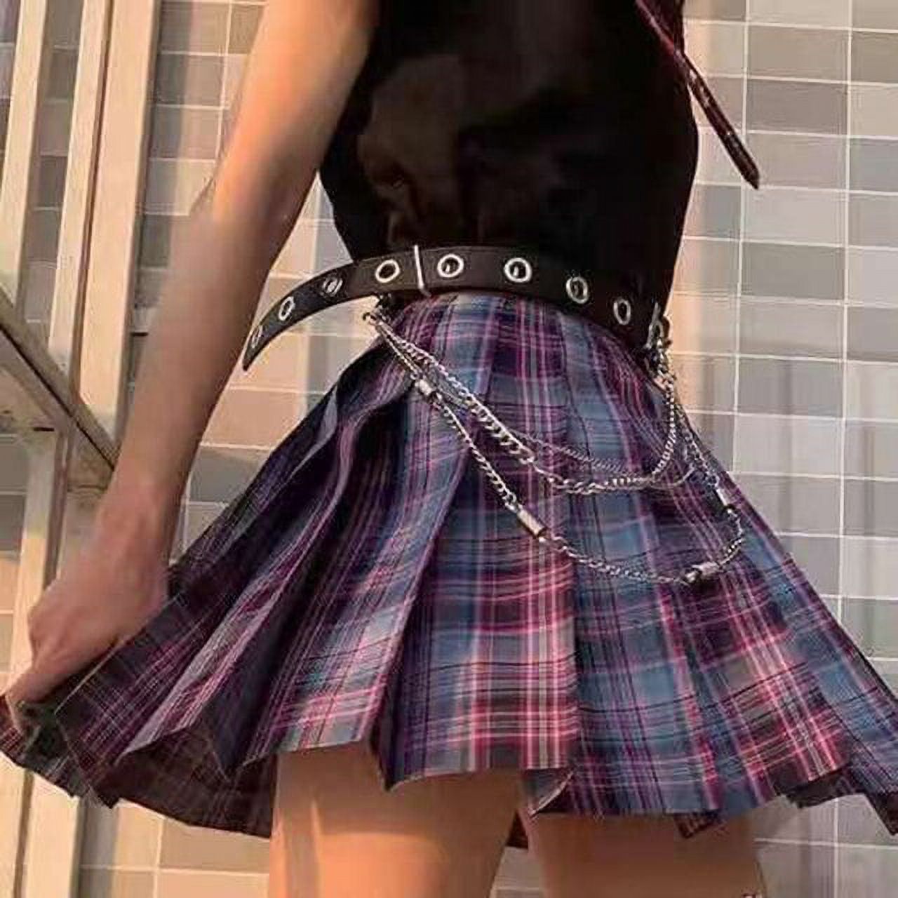 DanceeMangoo Women Gothic Pleated Plaid Skirt High Waist Harajuku