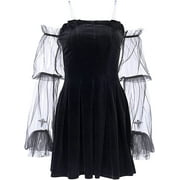 DanceeMangoo Women Gothic Punk Dress Black Spaghetti Strap Mini Dresses Y2K E-Girl Grunge