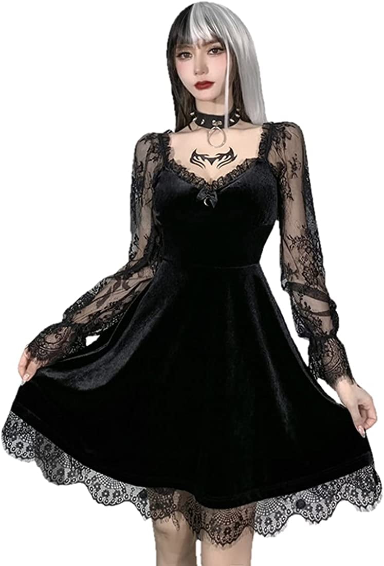 Women's Gothic Steampunk Dress Fit Flare A-Line Midi Dress Sexy Lace Sleeve  Halloween Party Long Dress Goth Clothes