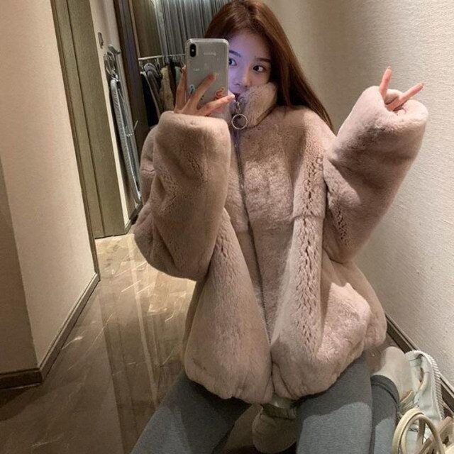 DanceeMangoo Luxury Faux Rabbit Fur Coat for Women Korean Chic Short Zipper  Faux Fur Jacket Ladies Winter Thick Warm Plush Jackets