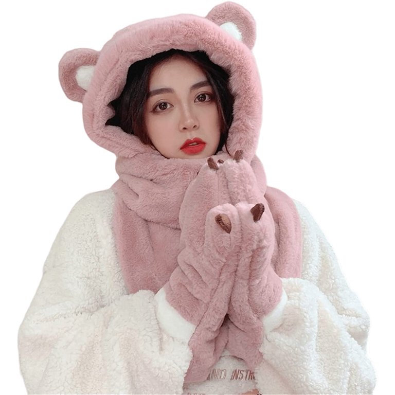 Danceemangoo Women Kawaii Pom Poms Faux Fur Bear Ear Fleece Knit Hat, Japanese Cute Warm Sherpa Scarf Neck Beanie Hat Winter Fall, Adult Unisex, Size