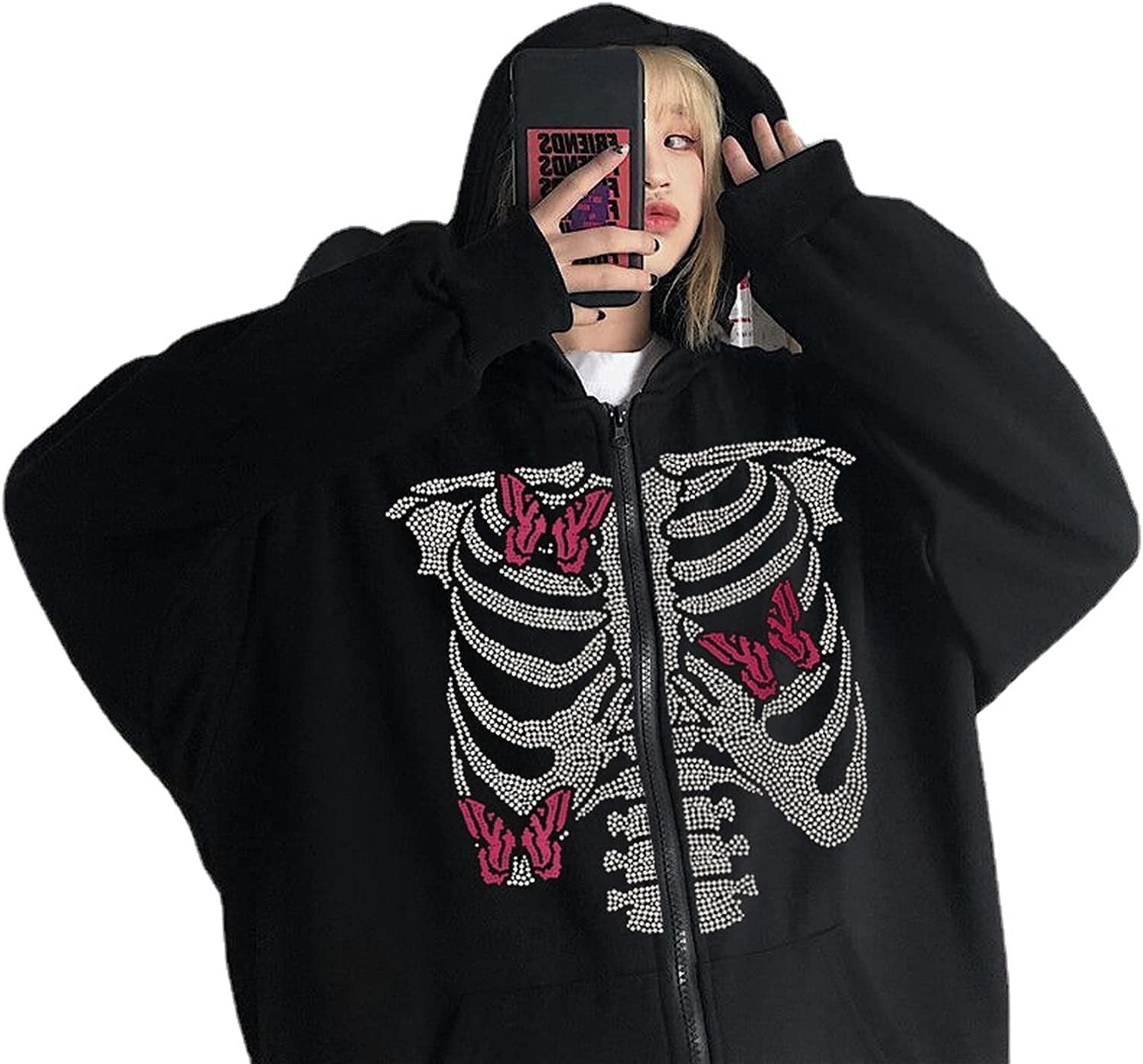 DanceeMangoo Women Men Skeleton Y2K Hoodie, Skull Butterfly Rhinestone Punk  Gothic Grunge Hooded Zip Up Sweatshirts Fall Winter 