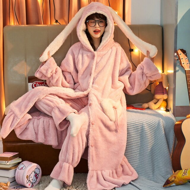 DanceeMangoo Women Sleepwear Plus Size XXL Winter Pyjamas Intensification  Nighty Loose Version Medium Style Hooded Pajamas Plush Pajama set