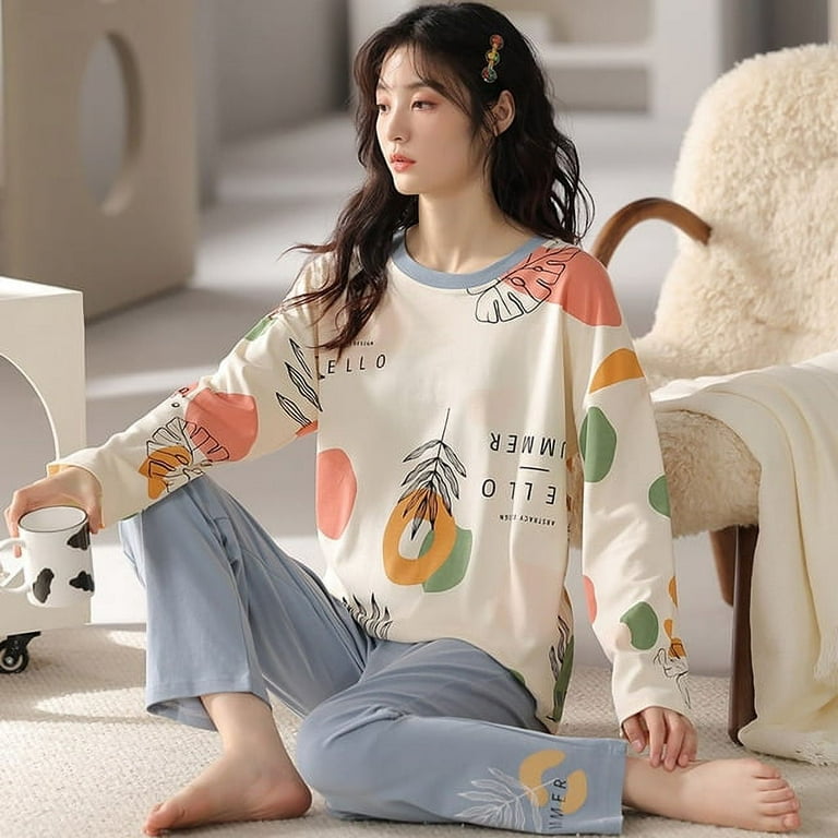 DanceeMangoo Womens Pajama Set Autumn Winter Simple Sleepwear
