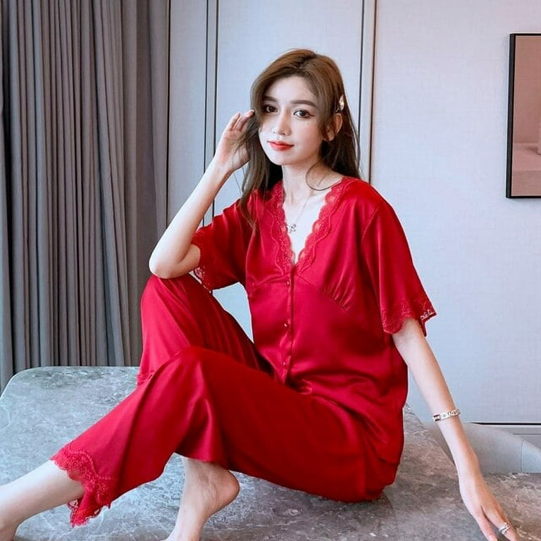 DanceeMangoo Women Sleepwear Summer Pyjamas Silk Nightgown Sexy Nighty Plus  Size Lapel Loose Version Pajama Set