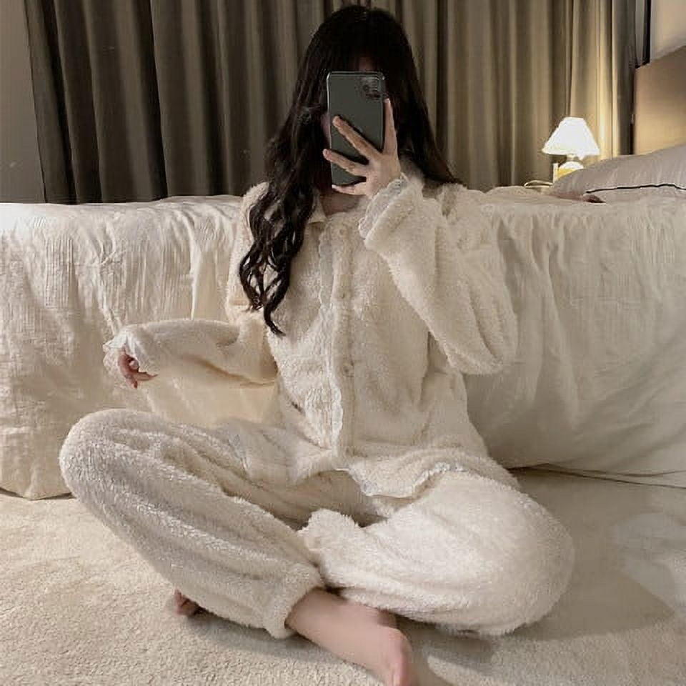 DanceeMangoo Women Winter Thicken Style Warm Pajamas Set Button