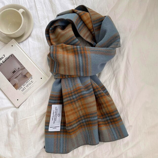 DanceeMangoo Women Winter Wool Scarf Big Plaid Sky Blue Solid Color