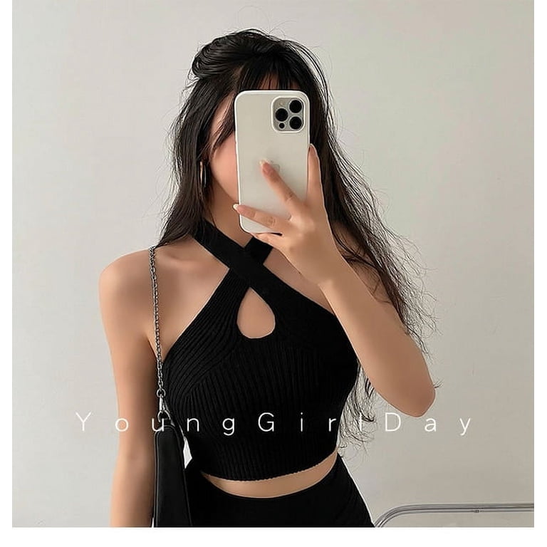 DanceeMangoo Women Y2K Black Halter Tops Female Knitted Tank Tops 