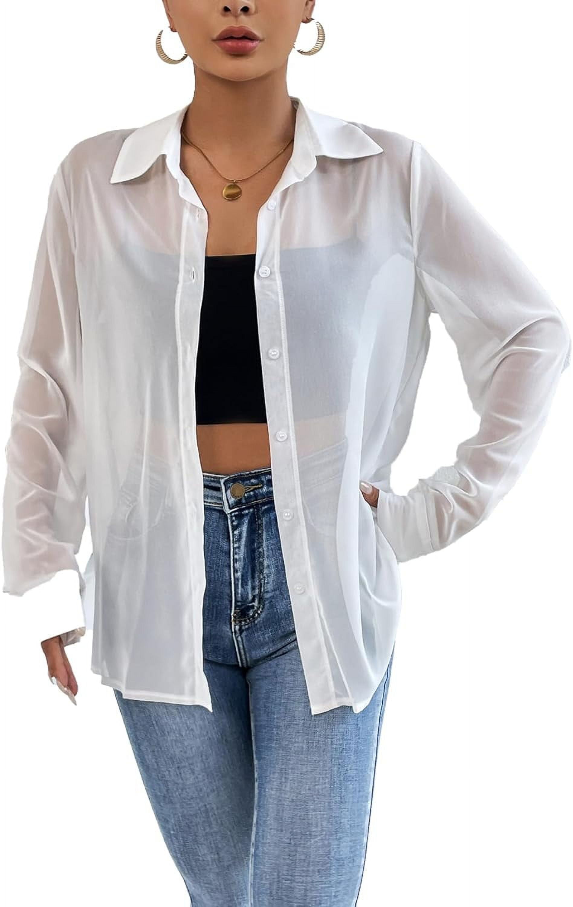 DanceeMangoo Women's Sheer Mesh Button Up Shirt Long Sleeve